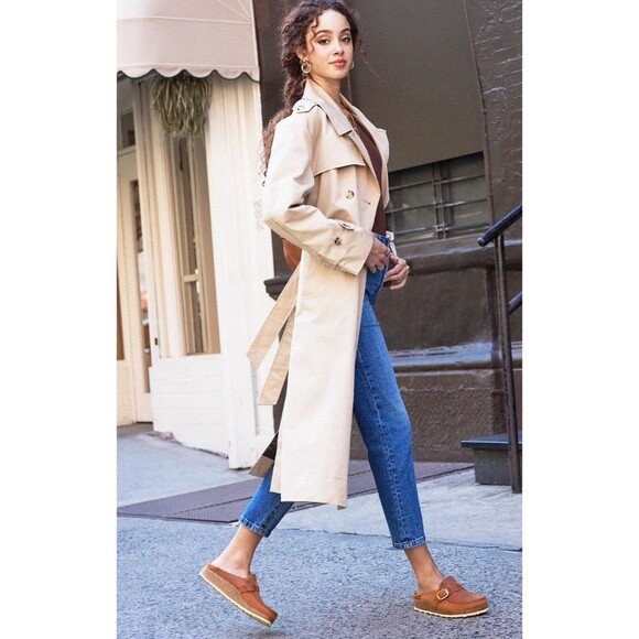 Women’s Birkenstock Buckley Tea Brown Suede Clog Shoes Cork Footbed 7 38 Slip On - Picture 1 of 9